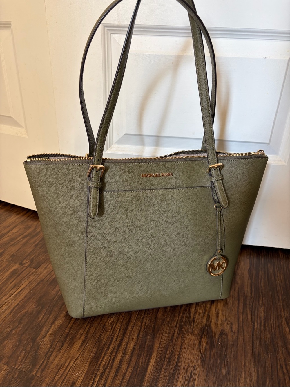 MICHAEL KORS Olive Green Saffiano Leather Tote with Gold Hardware
